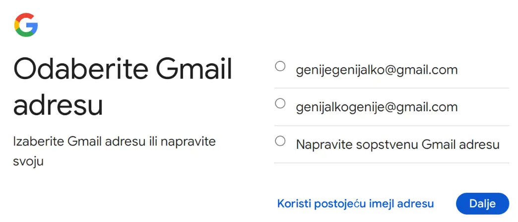 Odaberite Gmail adresu