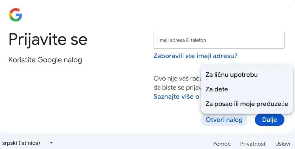 Prijavite se za Google nalog